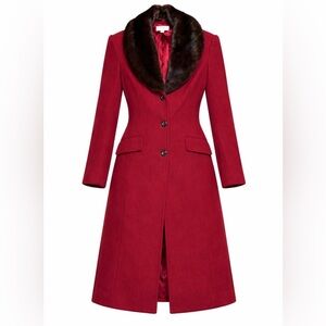 Merona-Y2K Vintage Style, Red Wool Blend, Brown  Fur Trim, Long, Peacoat. Size-L
